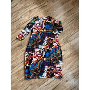 Audate Womens Multicolor Abstract Art Print Cotton Linen Kaftan Dress Size Large